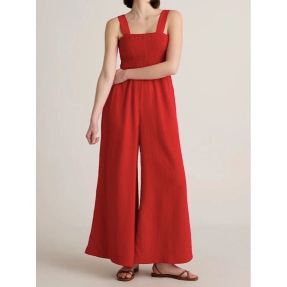 Quince Organic Cotton Gauze Smocked Wide Leg Jumpsuit Wild Cherry Red Small